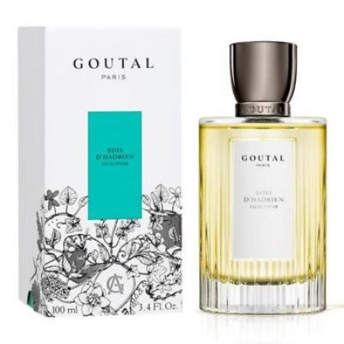 Goutal Bois d'Hadrien eau de parfum bottle with turquoise and white box packaging