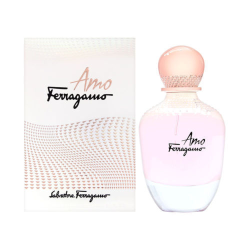Amo Ferragamo fragrance bottle with pink gradient liquid and matching outer packaging box