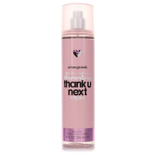 Ariana Grande Thank U Next body mist spray bottle in pink with purple label, 8 fl oz