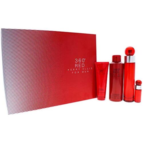 360 Red four-piece fragrance gift set with box, spray bottle, body wash, and smaller bottles