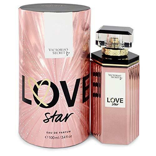 Victoria's Secret Love Star Eau de Parfum 3.4 oz metallic pink bottle with cylindrical packaging box front view