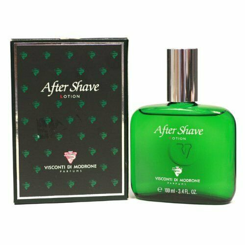 Green aftershave lotion bottle with black box packaging by Visconti di Modrone, 100ml
