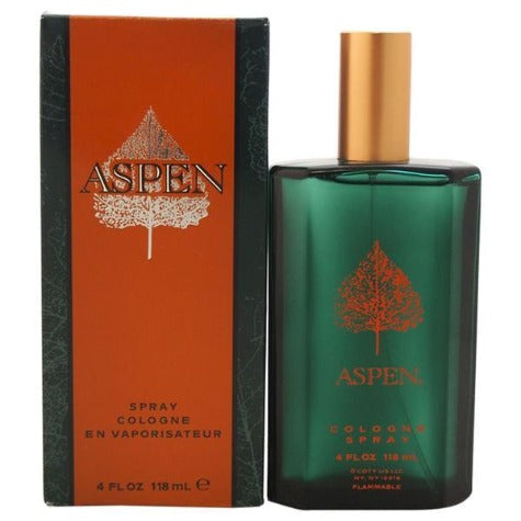 Aspen cologne bottle with green glass and gold cap, displayed with orange and black box packaging.