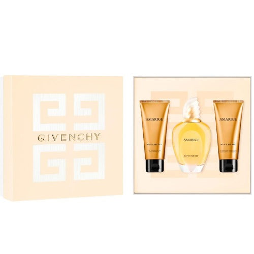 Amarige 3 piece gift set with perfume bottle and two tubes in cream packaging with Givenchy logo