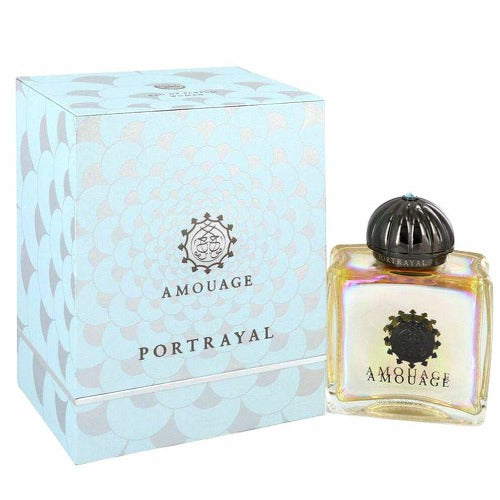 Amouage Portrayal perfume bottle with light blue patterned box packaging