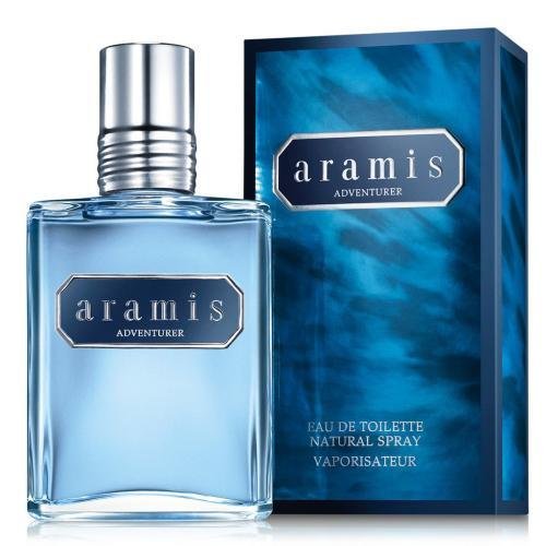 Aramis Adventurer fragrance bottle with silver cap next to blue packaging box