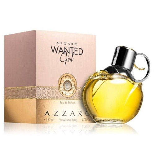 Azzaro Wanted Girl perfume bottle with packaging displayed together, yellow fragrance in clear glass with black cap