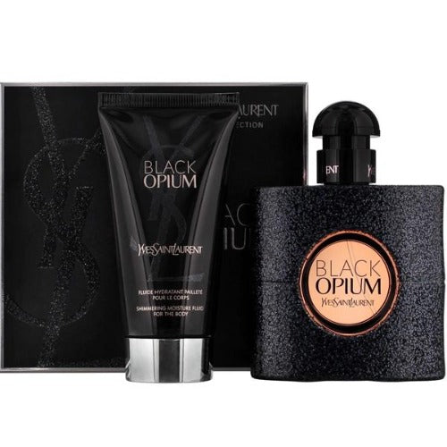 Black Opium perfume gift set with fragrance bottle, body lotion tube, and black textured box packaging