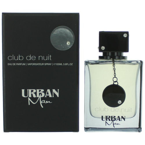 Armaf Club De Nuit Urban Man cologne bottle and black box packaging with circular pendant charm