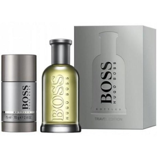 Boss Bottled cologne gift set with deodorant stick, fragrance bottle, and gray box packaging