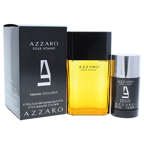 Azzaro Pour Homme 2 piece gift set with yellow fragrance bottle and black deodorant stick.
