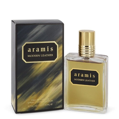 Aramis Modern Leather Eau De Parfum bottle with gold cap next to black and gold box