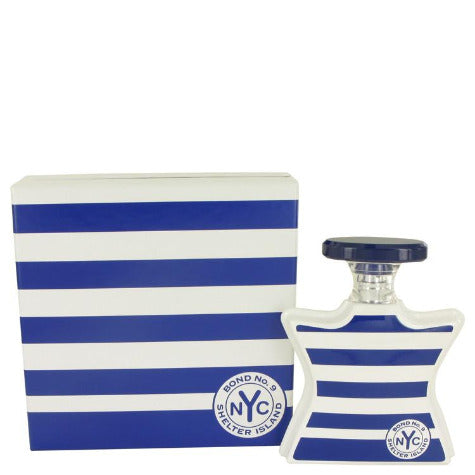 Bond No. 9 Shelter Island perfume bottle and striped box in blue and white