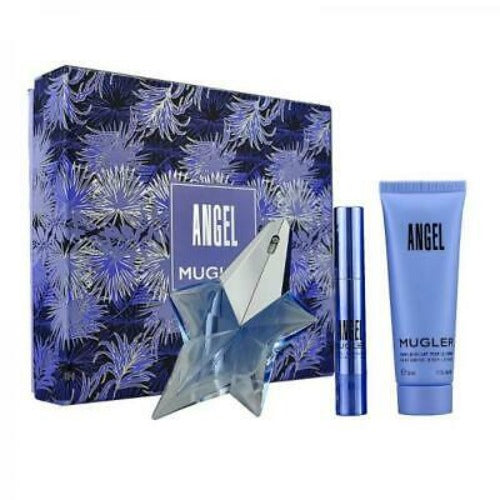 Angel Eau De Parfum 3 Piece Gift Set with star bottle, mascara, and body lotion tube in blue packaging