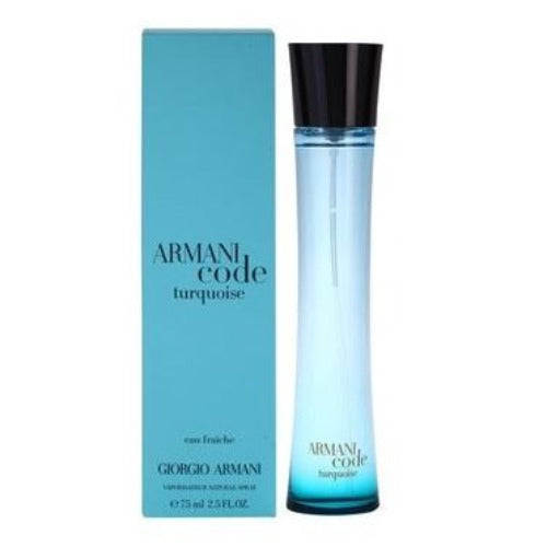 Armani Code Turquoise fragrance bottle with turquoise box packaging and black spray top.