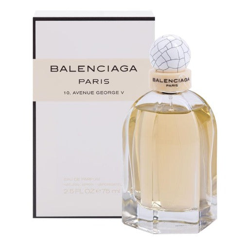 Balenciaga Paris eau de parfum bottle with box, pale yellow fragrance in clear glass with geometric stopper.