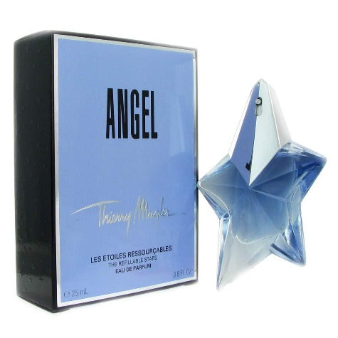 Angel Eau De Parfum star-shaped bottle with blue box and signature on packaging