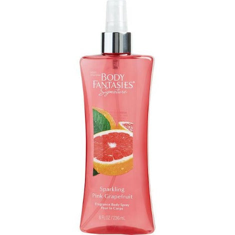 Body Fantasies Sparkling Pink Grapefruit spray bottle with citrus fruit imagery and silver pump top