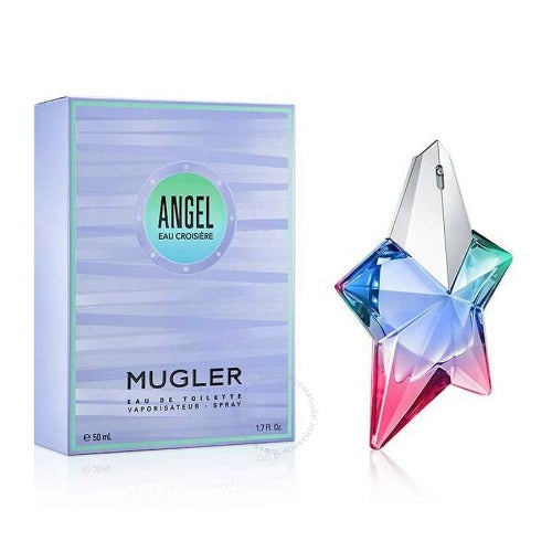 Angel Eau Croisiere perfume bottle with box. Star-shaped bottle in blue, pink, and aqua gradient next to striped purple packaging.