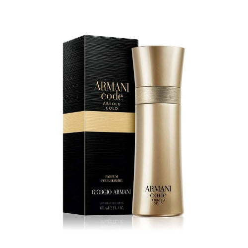 Armani Code Absolu Gold perfume bottle in gold metallic finish with black textured box packaging