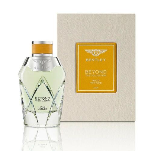 Bentley Beyond Wild Vetiver fragrance bottle with gold cap beside cream-colored box packaging
