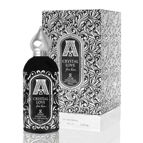 Attar Crystal Love black eau de parfum bottle with silver cap and ornate patterned box packaging.