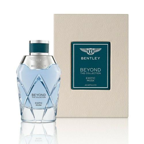 Bentley Beyond Exotic Musk bottle with teal cap next to cream box with teal label