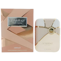 Armaf Le Parfait perfume bottle and box in cream and gold tones