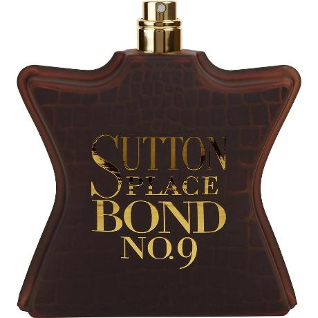 Bond No. 9 Sutton Place dark brown bottle with gold text and gold spray atomizer