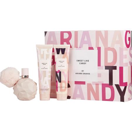 Sweet Like Candy Ariana Grande 3 Piece Gift Set 3.4 oz EDP body lotion and shower gel with pink bottle and packaging box front view