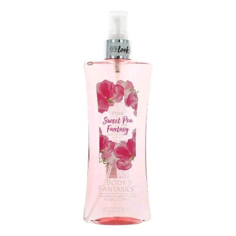 Pink Body Fantasies Sweet Pea spray bottle with floral design and silver pump top