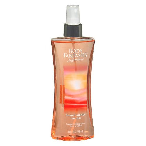 Body Fantasies Sweet Sunrise body spray bottle with coral-colored liquid and black spray pump top.