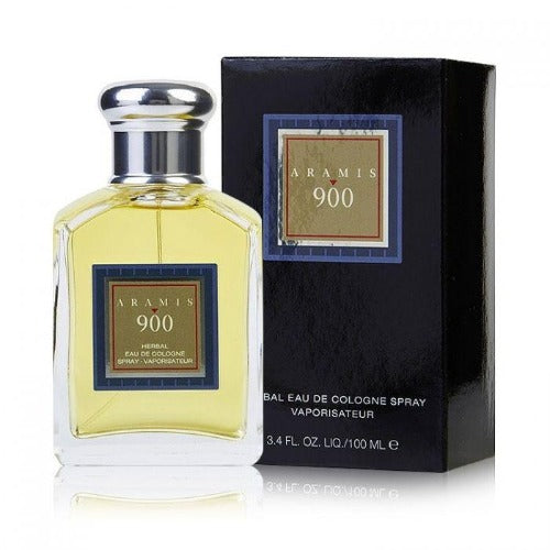 Aramis 900 cologne bottle with gold label next to black packaging box.