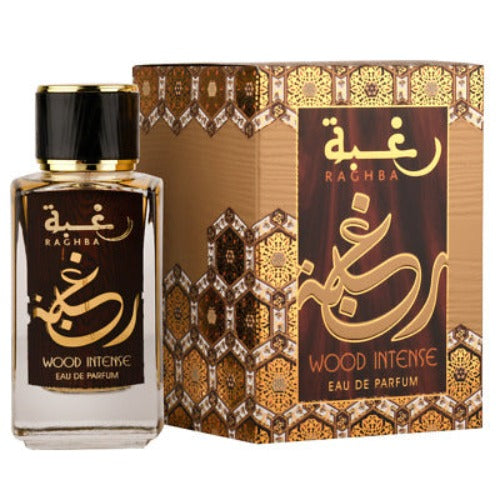 Lattafa Raghba Wood Intense Eau De Parfum 3.4 Oz bottle with packaging boz front view