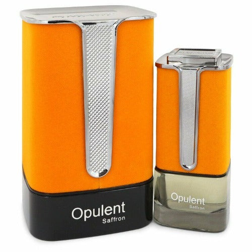 Al Haramain Opulent Saffron perfume bottles in orange with metallic accents, large and travel sizes