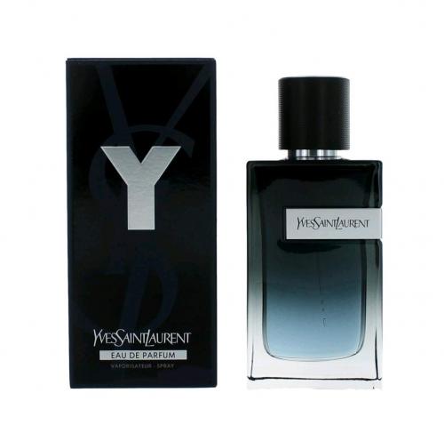 YSL Y Eau de Parfum 3.3 oz dark blue gradient glass bottle with packaging box front view