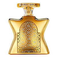Bond No. 9 Dubai Gold eau de parfum bottle with ornate geometric pattern and atomizer cap