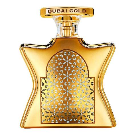 Bond No. 9 Dubai Gold eau de parfum bottle with ornate geometric pattern and atomizer cap
