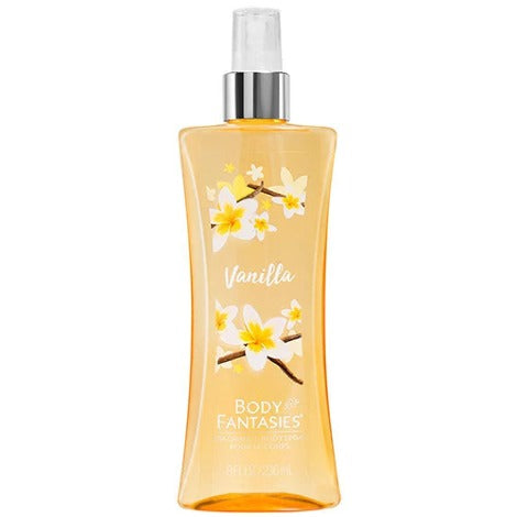 Body Fantasies Vanilla spray bottle with yellow liquid and floral label design