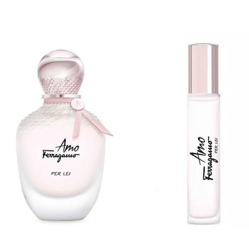 Amo Ferragamo Per Lei gift set with eau de parfum bottle and spray atomizer in pink and white packaging