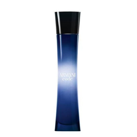Armani Code Eau De Parfum bottle with gradient blue packaging and black cap on white background.