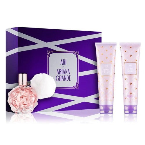 Ari by Ariana Grande 3-piece set with pink fragrance bottle, two body lotions, and purple gift box