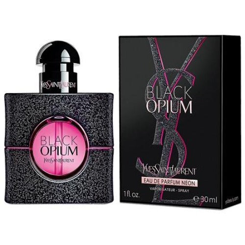 Black Opium Neon fragrance bottle with pink circular center next to product box packaging