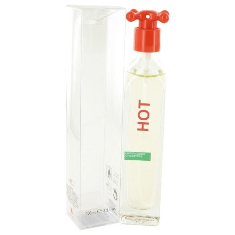Benetton Hot Eau De Toilette bottle with red spray cap and white box packaging