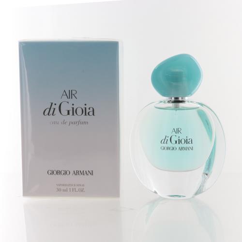 Air di Gioia eau de parfum bottle with turquoise cap next to white box packaging by Giorgio Armani