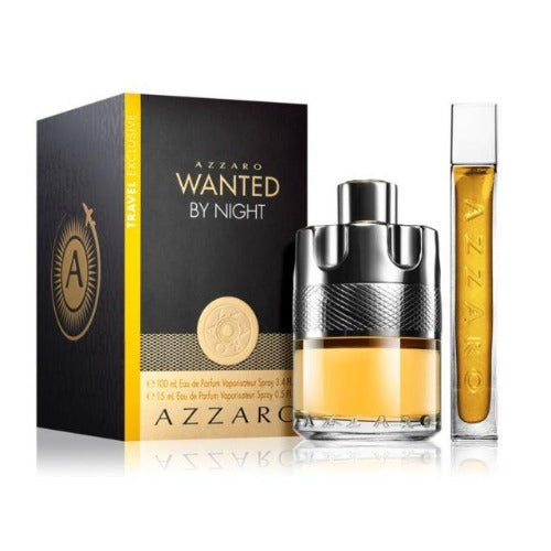Azzaro Wanted By Night gift set with black box, silver fragrance bottle, and golden atomizer spray bottle