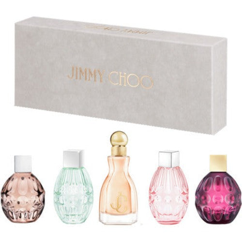 Jimmy Choo 5 piece mini fragrance gift set with bottles and packaging box front view