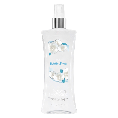 White spray bottle with blue floral design and silver metallic accents, labeled White Musk