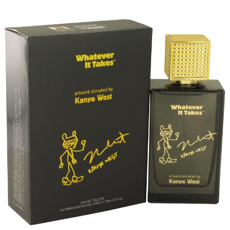 Whatever It Takes Eau de Toilette black bottle with gold artwork design  with packaging box front view