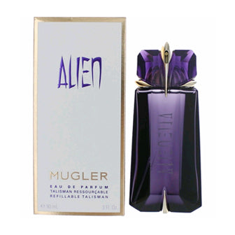 Alien Eau De Parfum bottle in purple with black bow-shaped cap next to white box with blue text and Mugler branding.